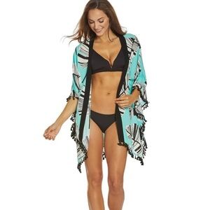Trina Turk Copacabana Kimono Coverup OS Green Black Leaf Print Tassel Resort